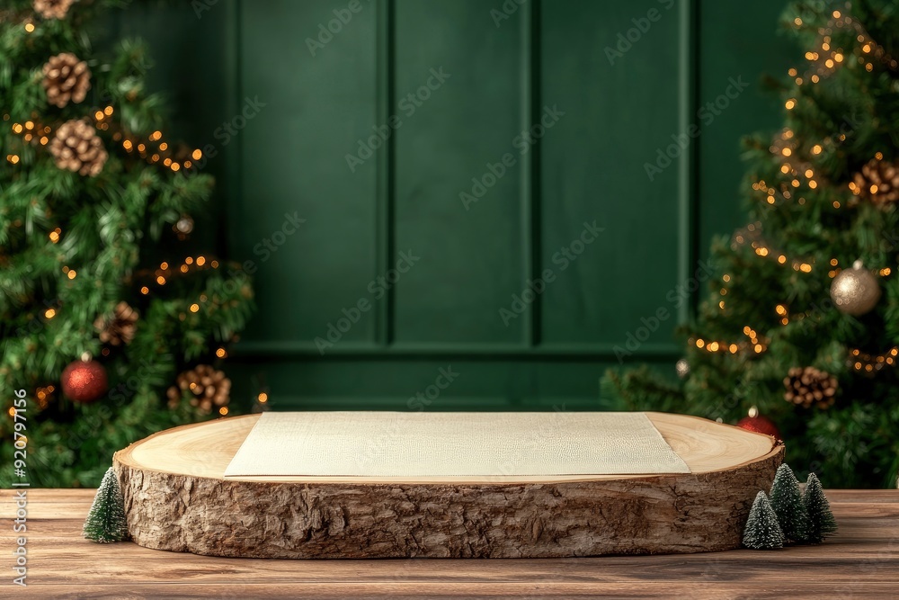 Empty log podium with tablecloth on wooden table over green wall and pine tree decoration background. Christmas mock up for design and product display with generative ai Empty log podium with tablecloth on wooden table over green wall and pine tree decoration background. Christmas mock up for design and product display with generative ai