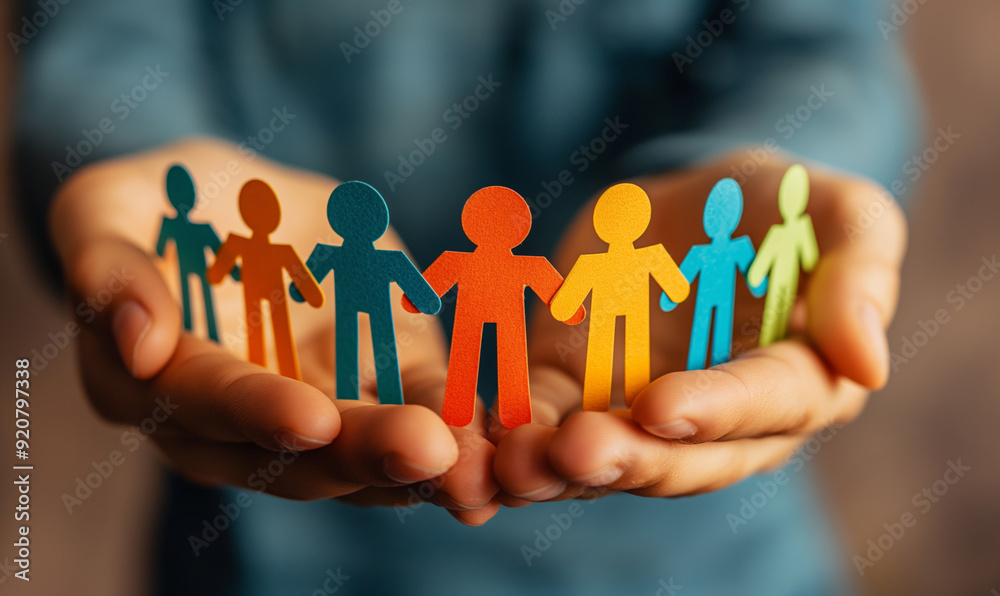 Close-up of hands holding a colorful paper chain of people, symbolizing unity, diversity, and teamwork, ideal for community and cooperation themes Close-up of hands holding a colorful paper chain of people, symbolizing unity, diversity, and teamwork, ideal for community and cooperation themes