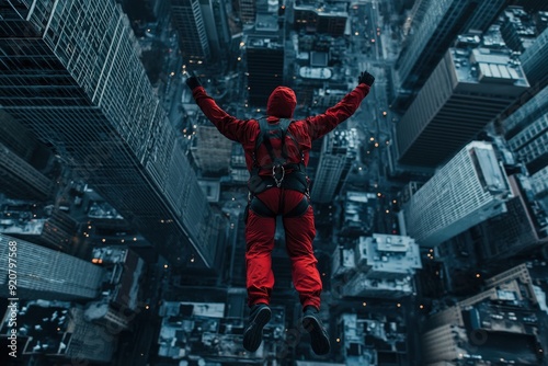 A skydiver in a red suit is descending among skyscrapers, offering a dramatic view of a bustling urban scene from above, filled with the essence of adventure and excitement. photo