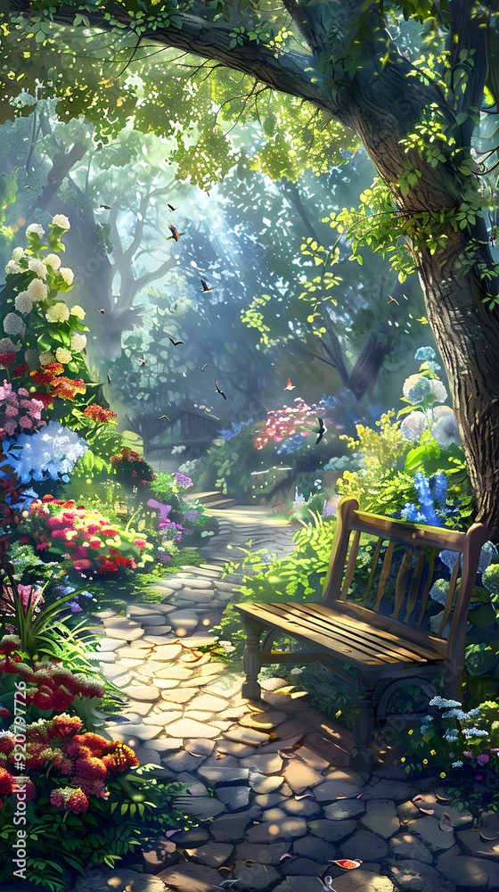 Obraz premium Tranquil Garden Oasis with Colorful Blooms, Cobblestone Path, and Wooden Bench Under Ancient Oak Tree