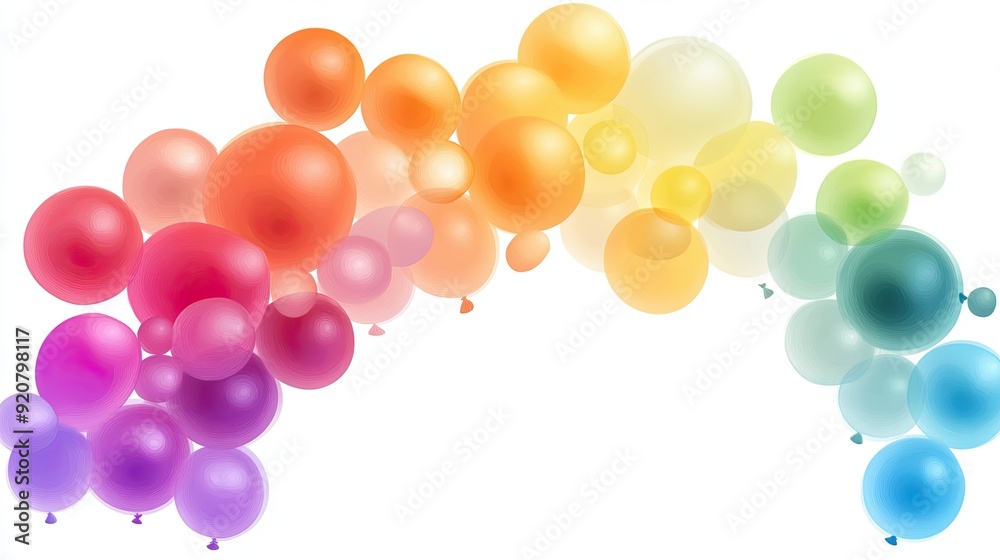 A Vibrant Cascade of Rainbow Colored Balloons in a Graceful Arc on a Clean White Background A Vibrant Cascade of Rainbow Colored Balloons in a Graceful Arc on a Clean White Background