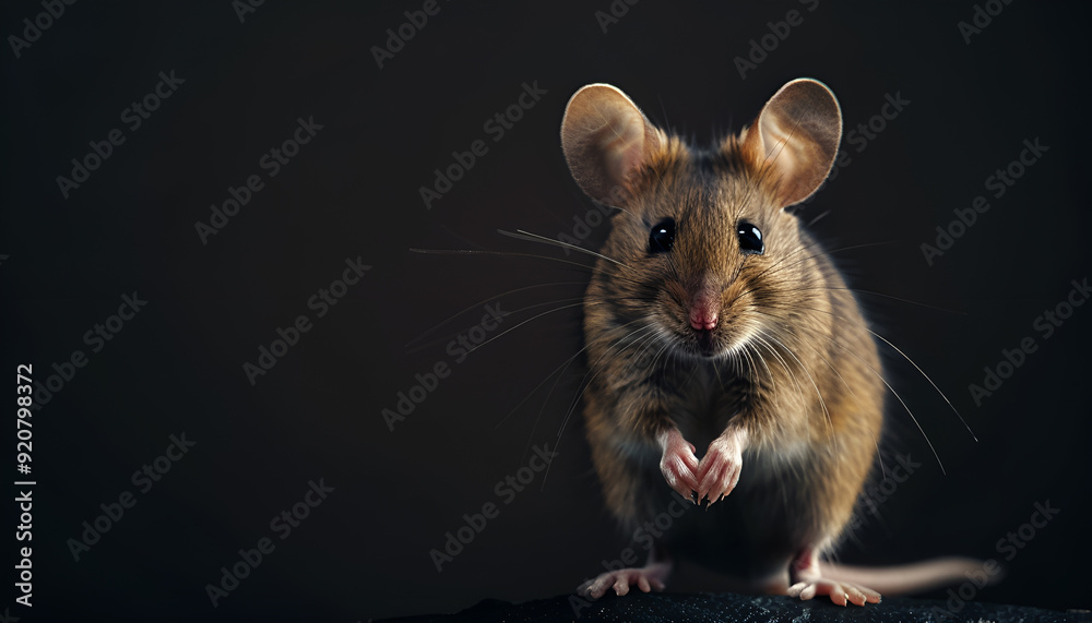 cute mouse on right side of image, mouse standing and looking at viewer, dark background cute mouse on right side of image, mouse standing and looking at viewer, dark background