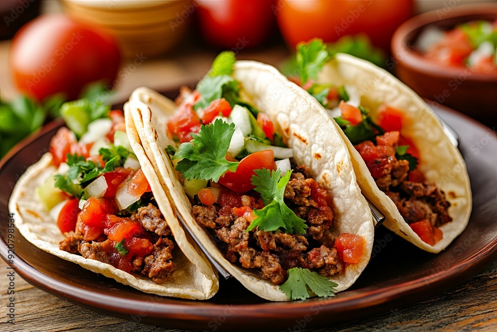 Freshly prepared beef tacos served with diced tomatoes and cilantro on a wooden table Freshly prepared beef tacos served with diced tomatoes and cilantro on a wooden table