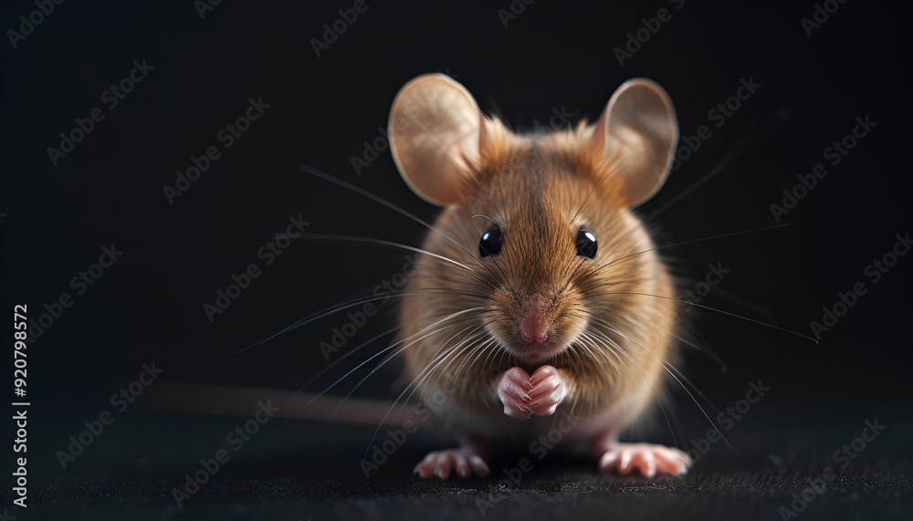 cute mouse on right side of image, mouse standing and looking at viewer, dark background cute mouse on right side of image, mouse standing and looking at viewer, dark background