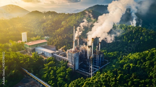 A bioenergy plant surrounded by lush forests, where organic materials like wood chips and agricultural residues are converted into energy, with smoke stacks emitting clean, white vapor photo