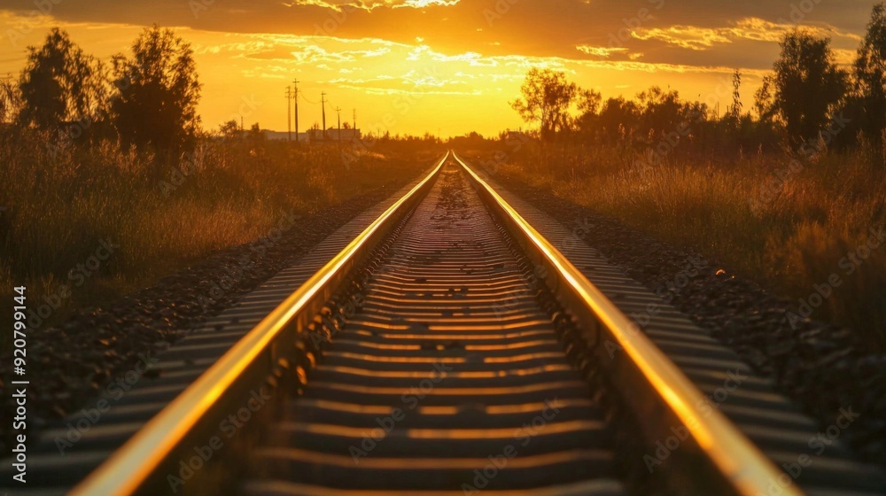 Railway track in the evening in sunset. Track railway train for transportation, Rail road Railway track in the evening in sunset. Track railway train for transportation, Rail road