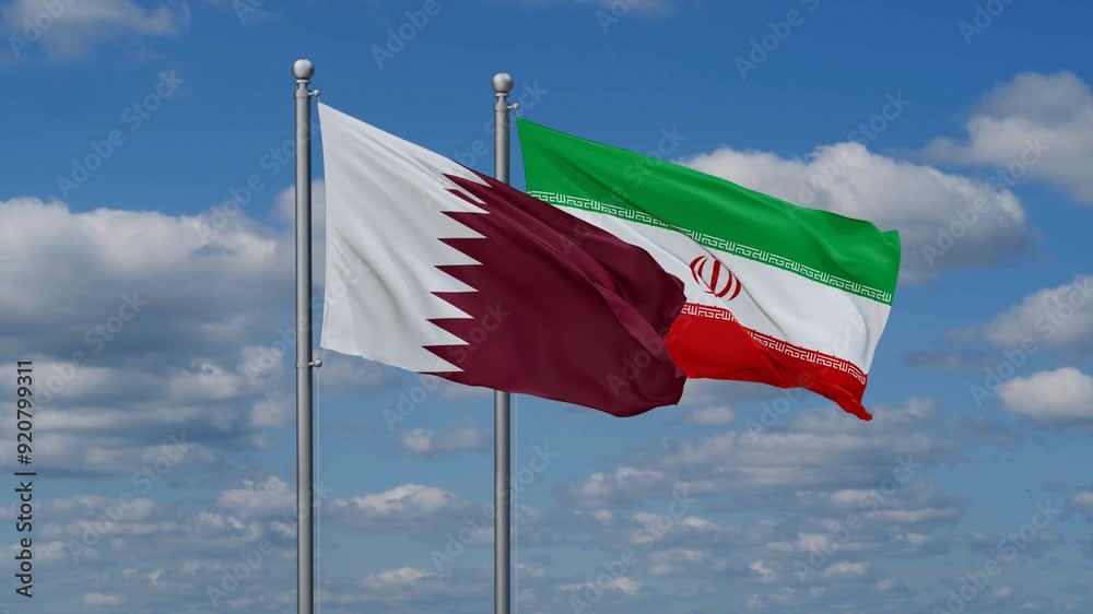 Iran and Qatar two flags waving together on blue , video concept of the relationship