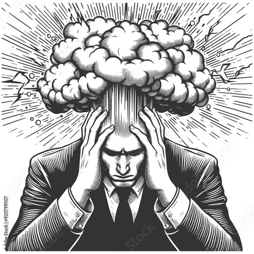 man with an exploding head, symbolizing extreme stress, pressure, or mental overload, sketch engraving generative ai vector illustration. Scratch board imitation. Black and white image.