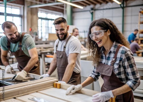 group of workers in production, men and women dressed in uniform, working and smiling