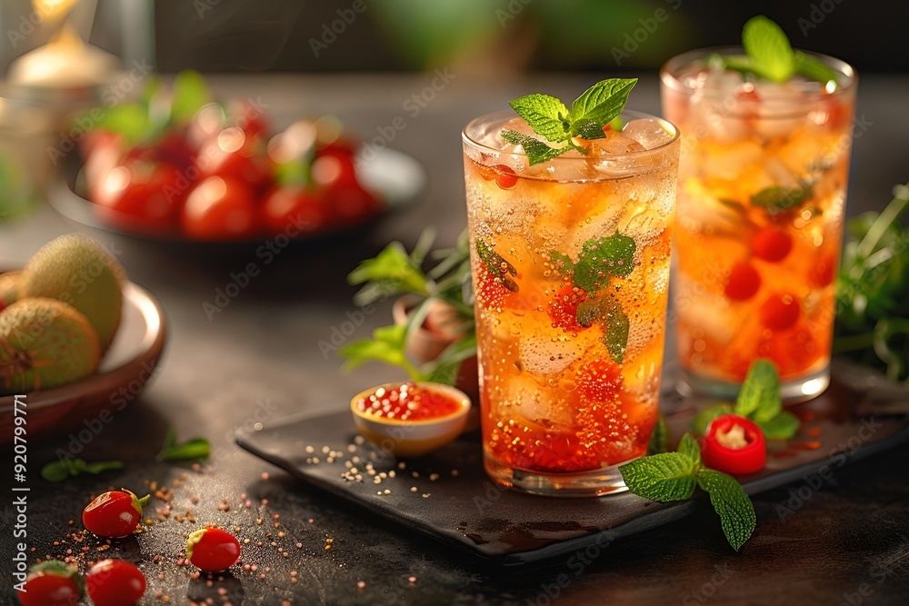 Two glasses of iced tea garnished with fresh mint leaves and strawberries. Two glasses of iced tea garnished with fresh mint leaves and strawberries.