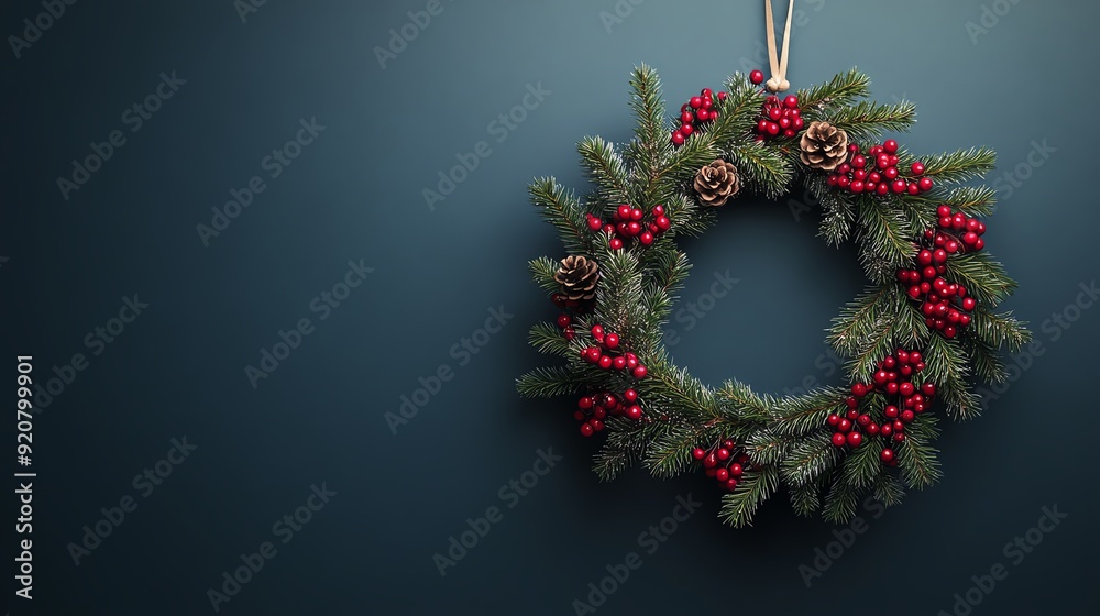 Christmas wreath with red berries and pine cones on a dark blue background. Christmas wreath with red berries and pine cones on a dark blue background.