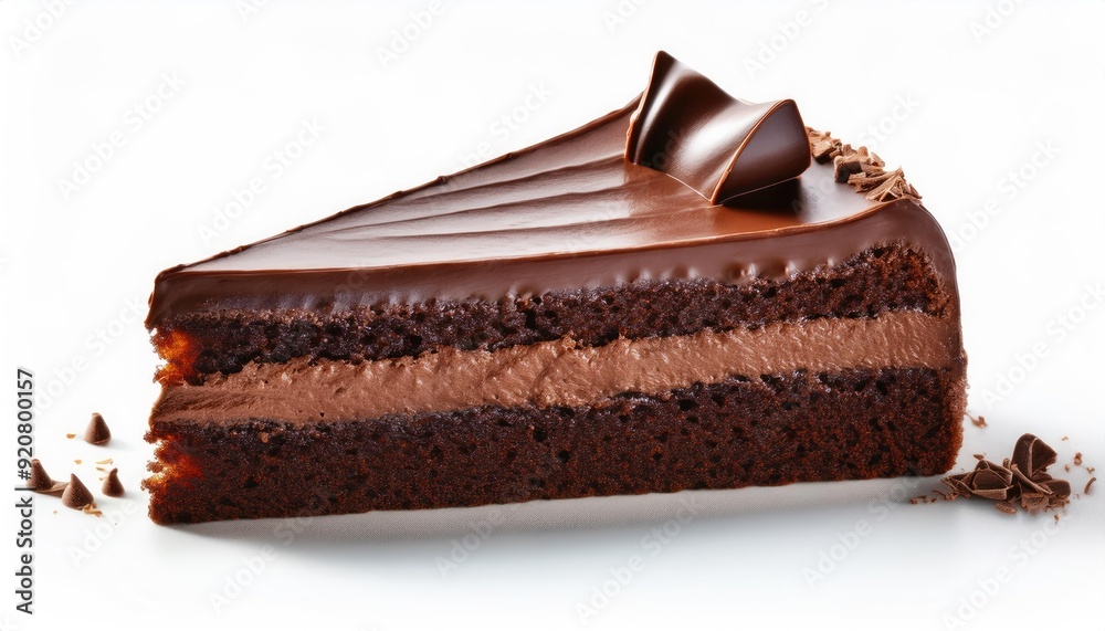 A piece of chocolate cake on white background A piece of chocolate cake on white background