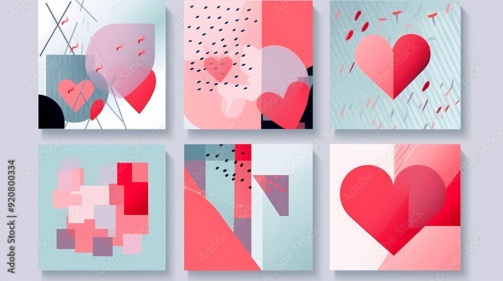 Creative concept of Happy Valentines Day cards set. Modern abstract art design with hearts and geometric shapes. Templates for celebration vecter image Creative concept of Happy Valentines Day cards set. Modern abstract art design with hearts and geometric shapes. Templates for celebration vecter image