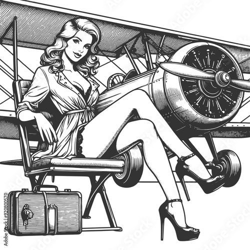 pin-up girl sitting seductively on the wing of a classic airplane, capturing the spirit of aviation and retro glamour sketch engraving generative ai fictional character vector illustration. 