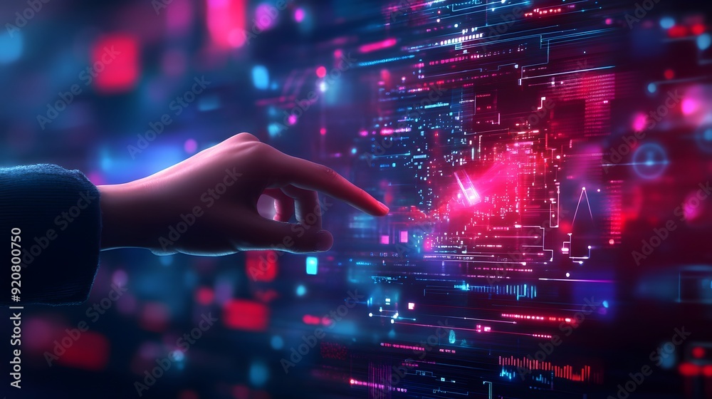 A hand is pointing at a computer screen with a red dot on it. Concept of technology and innovation, as well as the idea of human interaction with machines A hand is pointing at a computer screen with a red dot on it. Concept of technology and innovation, as well as the idea of human interaction with machines