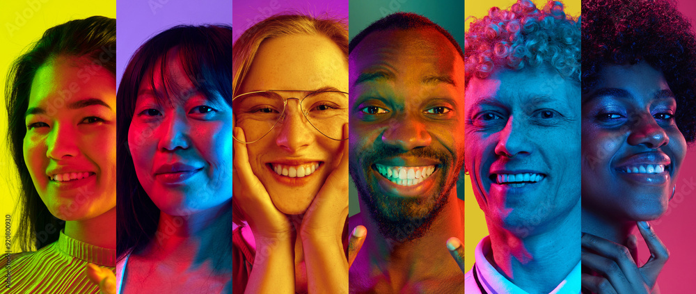 Collage. Portraits of different young people, men and women of different nationality, smiling against multicolored background in neon light. Concept of human emotions, facial expression Collage. Portraits of different young people, men and women of different nationality, smiling against multicolored background in neon light. Concept of human emotions, facial expression