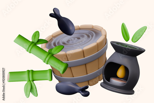 Wooden bath with water, bamboo, aroma lamp with candle, fish. Set of detailed 3D elements