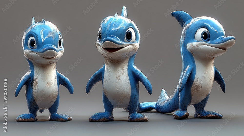 Three cartoon dolphins in various poses. Three cartoon dolphins in various poses.