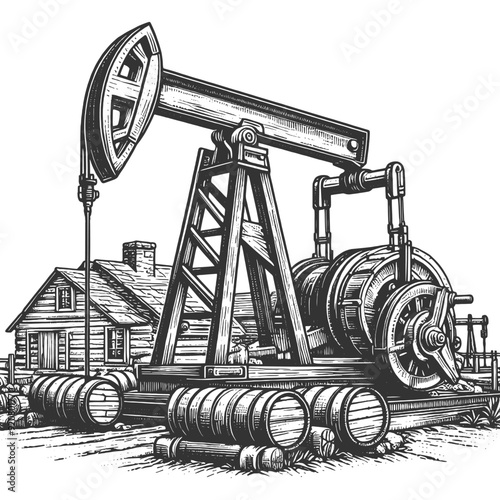 oil pump jack nodding donkey, detailed industrial design and mechanical elements sketch engraving generative ai vector illustration. Scratch board imitation. Black and white image.