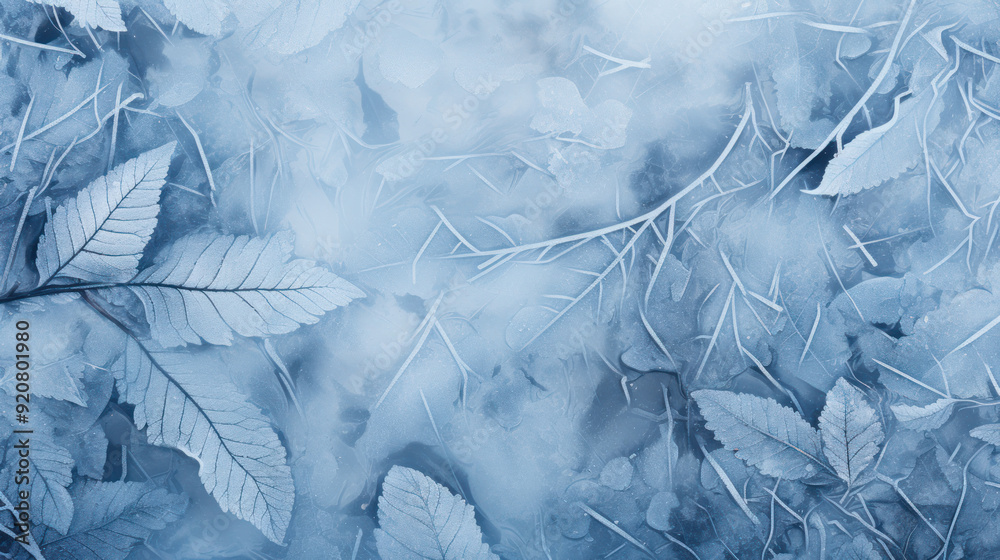 Obraz premium Collection of leaves covered in frost, winter scene. Cold colors, frosty appearance. Crystalline frost.