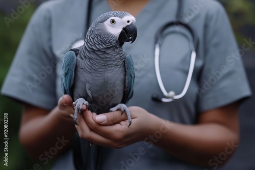 A dedicated veterinarian holding a colorful parrot, showcasing the importance of compassionate animal care and the vital role veterinarians play in the lives of exotic pets and wildlife health photo