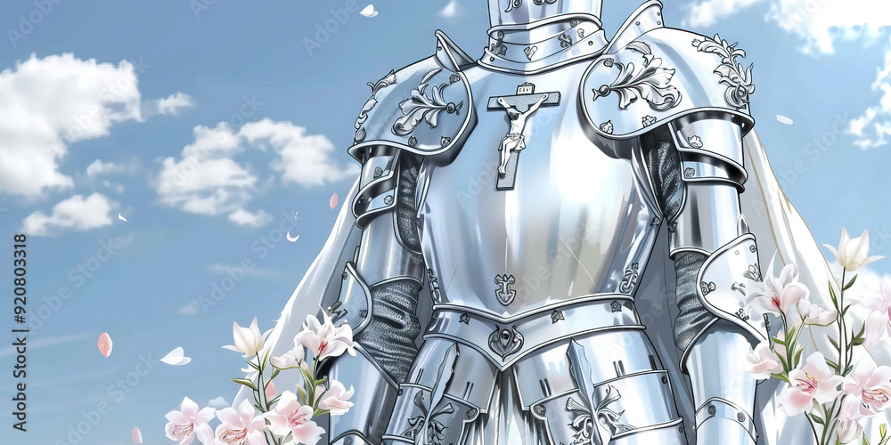The Holy Knight: Armor of Christ. Medieval armor with ornate decorations, cross and floral motifs. The Holy Knight: Armor of Christ. Medieval armor with ornate decorations, cross and floral motifs.