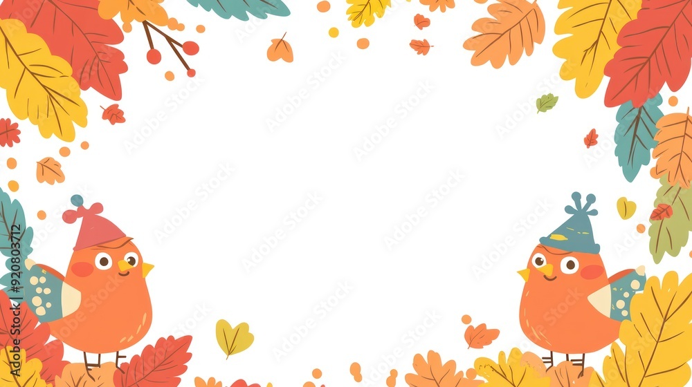 Two cute cartoon birds wearing hats on a white background with colorful autumn leaves. Two cute cartoon birds wearing hats on a white background with colorful autumn leaves.