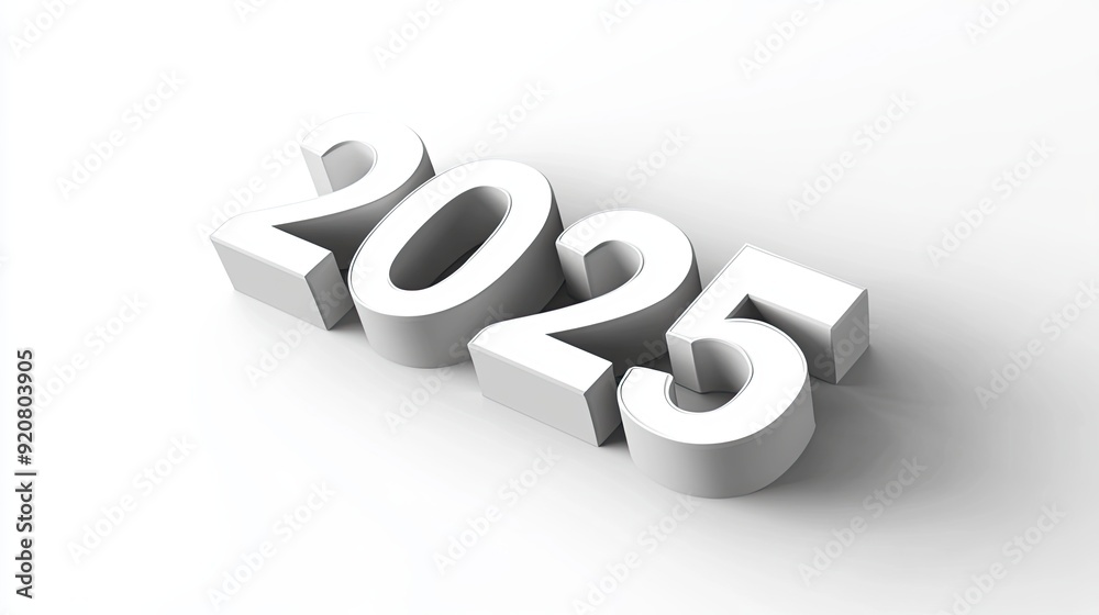 Three-dimensional Representation of the Year 2025 on a White Background Three-dimensional Representation of the Year 2025 on a White Background