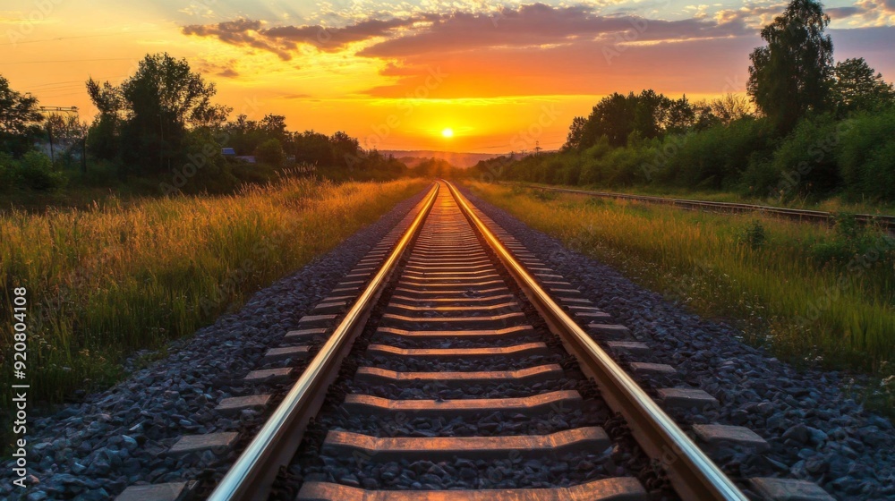 Fototapeta premium Railway track in the evening in sunset. Track railway train for transportation, Rail road