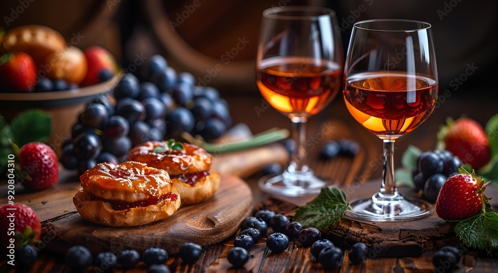 Two wine glasses and an array of pastries are artfully arranged on a wooden table. Two wine glasses and an array of pastries are artfully arranged on a wooden table.