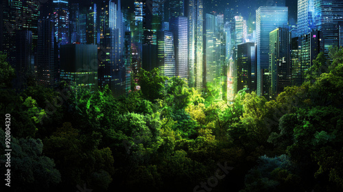 A cityscape with a forest in the background. The city is lit up at night, creating a contrast with the dark forest. Scene is serene and peaceful, as the city and forest coexist in harmony