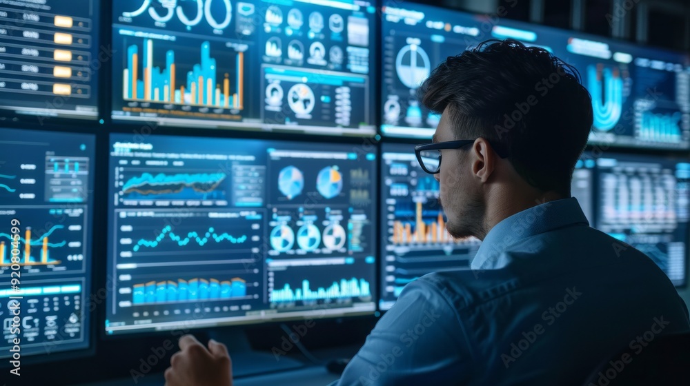 A man is looking at a computer screen with multiple graphs and charts A man is looking at a computer screen with multiple graphs and charts