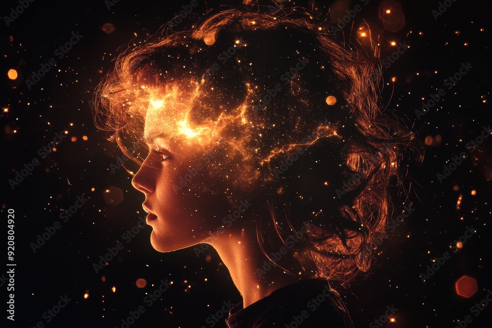 Double exposure of planets and stars inside girl's brain, with bright stars of Milky Way in the background. Abstract art to illustrate meditative and mental ability in women. Double exposure of planets and stars inside girl's brain, with bright stars of Milky Way in the background. Abstract art to illustrate meditative and mental ability in women.