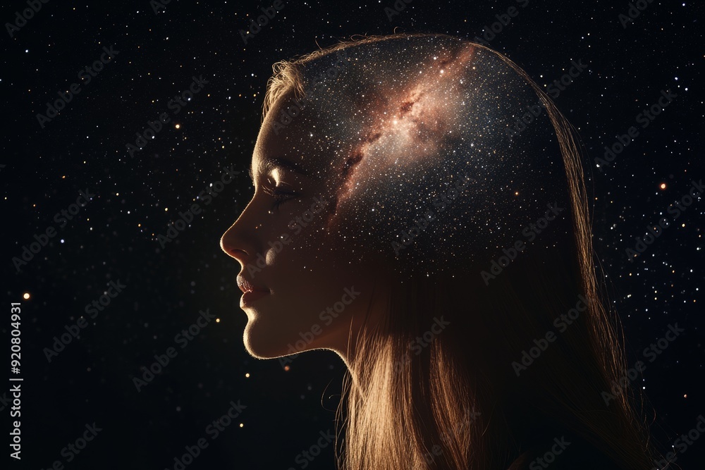 Double exposure of galaxy and universe inside woman's brain, bright stars of Milky Way metaphor for her sense of mental ability. Abstract meditative artwork. Double exposure of galaxy and universe inside woman's brain, bright stars of Milky Way metaphor for her sense of mental ability. Abstract meditative artwork.