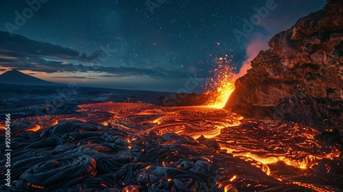 Time-lapse photography of a volcanic eruption at night, showing the glowing lava against the dark sky