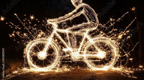 A person riding a bicycle creates a stunning light painting using sparklers at night. photo