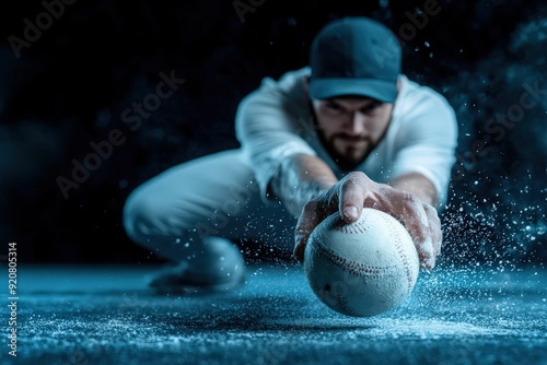 Intense close-up of a baseball player in a cap reaching for the ball on the ground, capturing a moment of focus, determination, and dynamic movement during a match. photo