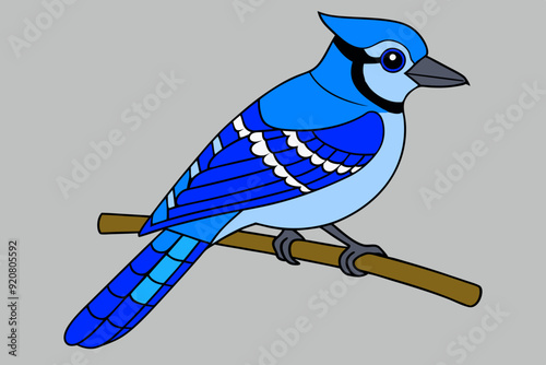 Kawaii Blue Jay Perched on a Branch Vector Illustration Clipart