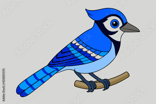 Kawaii Blue Jay Perched on a Branch Vector Illustration Clipart