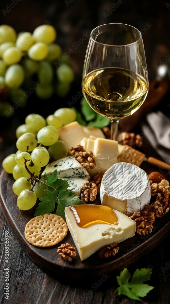 Gourmet cheese board with honey, grapes, and white wine Gourmet cheese board with honey, grapes, and white wine
