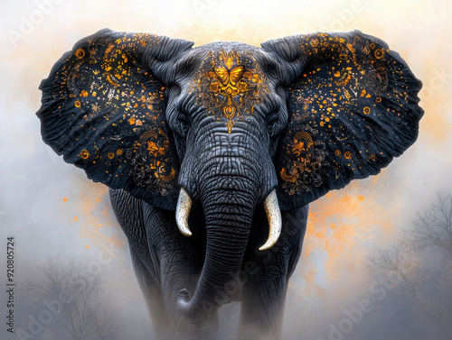 A large elephant with gold and black paint on its face. The elephant is standing in a forest with a foggy sky in the background photo