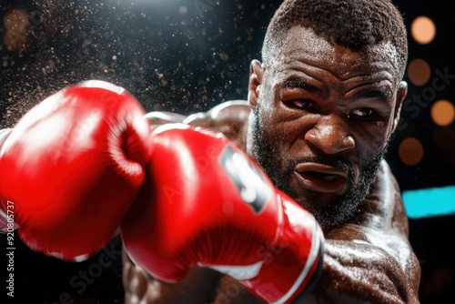 A close-up, in-ring shot of a determined boxer throwing a punch with red gloves amidst a flurry of motion, spotlighting the intensity and concentration of the sport. photo