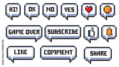 Pixel art 8-bit set with speech bubble.Hi,Yes,no,Ok,No,Game over,Like, subscribe, comment, share,Heart symbol,Bell symbol,coin,hand with thumbs up gesture.