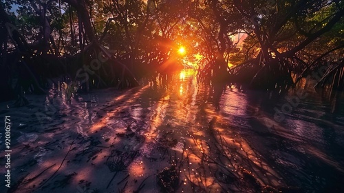Time-lapse photography of the sun setting over the mangroves, casting long shadows and glowing light