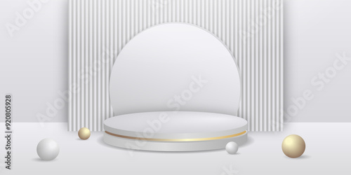 Abstract shine silver cylinder podium. Sci-fi white empty room concept with silver and golden balls. Vector rendering 3d shape, Product display presentation. Minimalist wall scene.