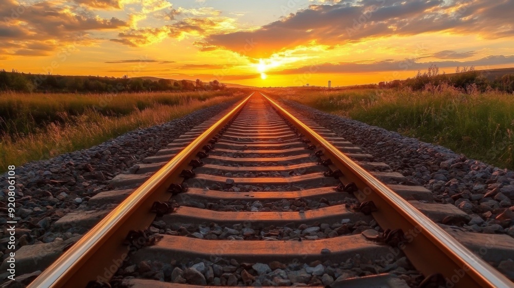 Fototapeta premium Railway track in the evening in sunset. Track railway train for transportation, Rail road