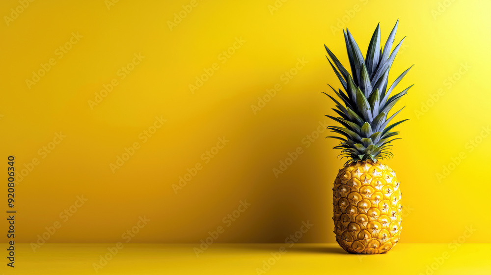A pineapple is sitting on a yellow background. The pineapple is the main focus of the image, and it is the only object in the scene. The yellow background creates a warm and inviting atmosphere A pineapple is sitting on a yellow background. The pineapple is the main focus of the image, and it is the only object in the scene. The yellow background creates a warm and inviting atmosphere