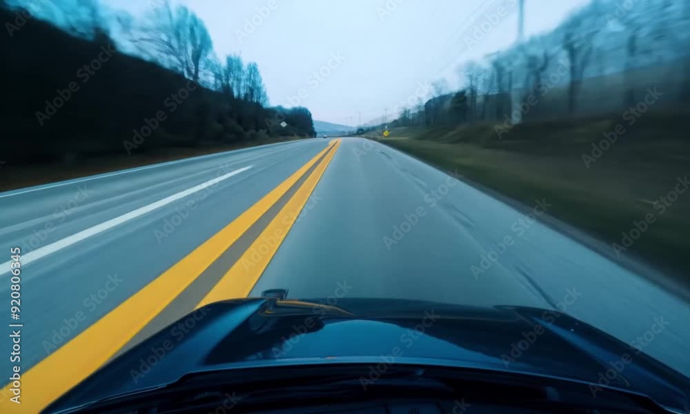 Front pov view of fast car driving on asphalt road with double yellow lines converge Front pov view of fast car driving on asphalt road with double yellow lines converge
