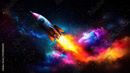A rocket is flying through a colorful cloud of smoke in space. The rocket is white and red, and it is the only object in the image. The colors of the smoke are vibrant and create a sense of excitement