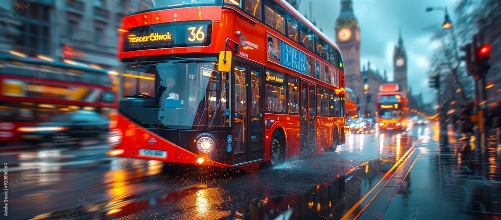Obraz premium The city streets of London, England with double-decker buses in motion blur in the background. 